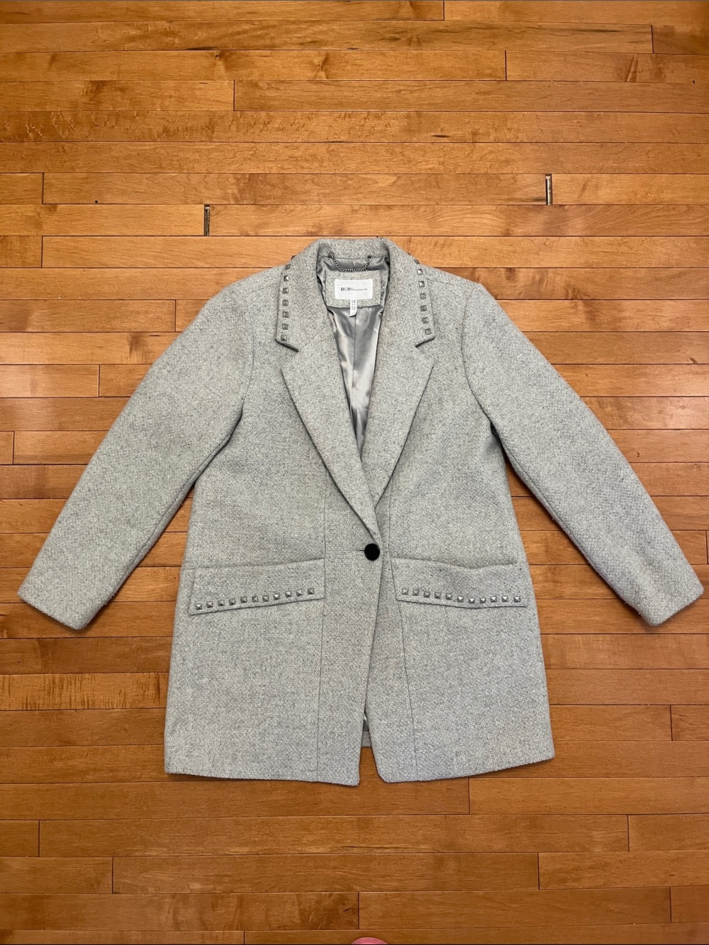BCBGMaxAzria Light Gray Stud-Trim Wool Pea Coat